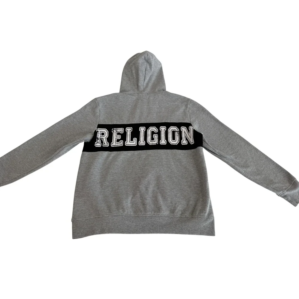 True Religion Mens Heather Gray Logo Pullover Hoodie Sweatshirt Distressed Print